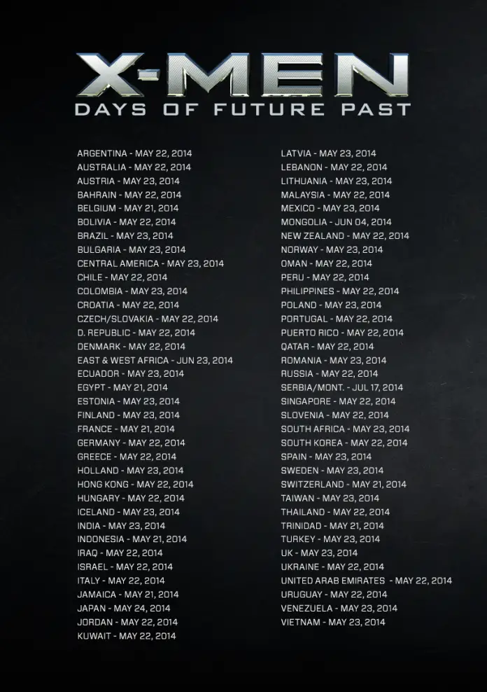 Fechas de estreno de X-Men: Días del Futuro Pasado