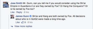 Respuesta en Facebook de James Gunn sobre Kang y los Shi'ar