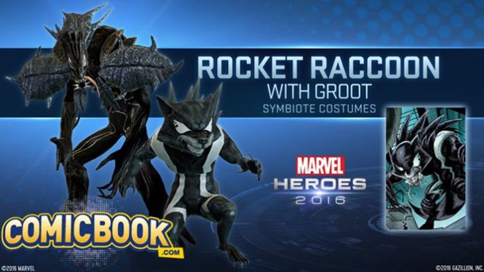 Trajes simbionte para Groot y Mapache Cohete en Marvel Heroes 2016