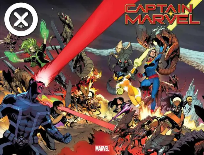 Portada interconectada de X-Men Nº 19 y Captain Marvel Nº 46
